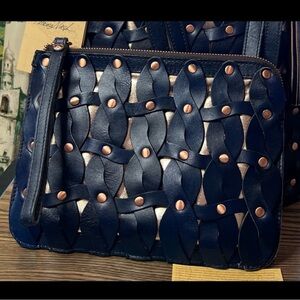 PATRICIA NASH Cassini Braided Leather Wristlet, Navy